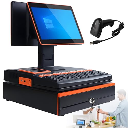 Pantalla táctil de 15,6 pulgadas, caja registradora, teclado, impresora integrada de 58 mm, ordenador TPV, punto de venta para fábricas, caja registradora para empresas y negocios Orange DualScreen