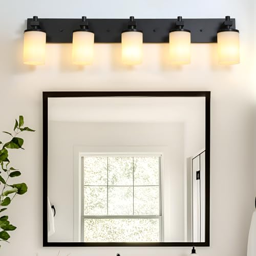 LOUSACE Bathroom Light Fixtures Over Mirror, 5 Light Vanity Lights Matte Black, Modern Bathroom Lighting with Opal White Glass Shades, Wall Sconces Fixture Vanity Lighting for Bedroom Living Room by LOUSACE - Used condition - Image 8