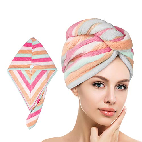 esafio Toalla turbanteToalla de Microfibra, Turbante con Botón，Toallas de Baño Ultra Absorbente,Gorro de Ducha para Secar el Cabello Rápido,Diseño para Mujeres,Juego de 2 Turbante(Arco Iris)