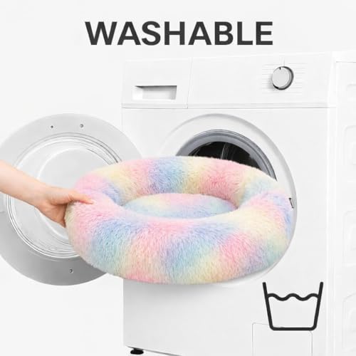 Image of ZEXSAZONE Summer Rainbow Plush Dog Bed - Anti-Anxiety Round Donut Pet Bed with Raised Edges | Soft Faux Fur Calming Bed for Puppies, Cats & Small Dogs | Machine Washable