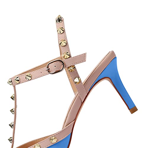 Image of XINIUNIU Studded Heels for Women Kitten Heels with Studs Stiletto Sandals with Rivet Ankle Strap Patent Leather Pointy Toe 2.5 Inch Party Daily Wear Evening Sandals