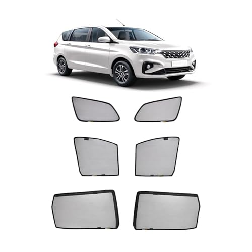 Image of Amazon Basics Side Window Sun Shade for Maruti Suzuki Ertiga (2025 Onwards) - Front Half Cut + Rear Zipper | Custom-Fit Magnetic Car Curtains | Black | Pack of 6 Pcs | Cotton Mesh