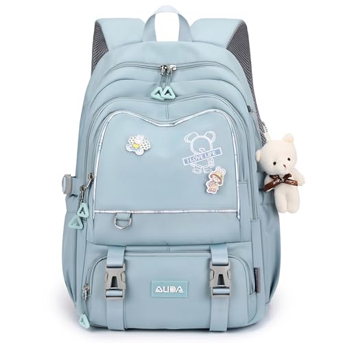 Cute School Laptop Backpack with Large Capacity Multiple Pockets for Girls Travel Friendly with Luggage Strap Accessory Included (Blue)