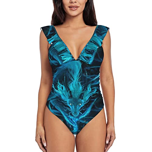 YLLYQHSC Blue Dragon and Girl Maillot de bain une pièce à volants pour femme Taille S à 2XL, Noir , XL Cover