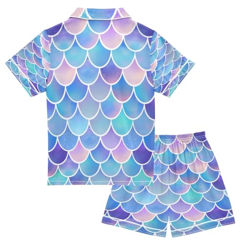 ALAZA Color Mermaid Fish Scale Satin Pajamas Set Short Sleeve Button Down Sleepwear Summer Pjs 2 Piece2