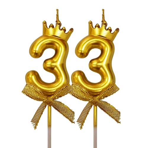 Image of 2 Pc 33 Number Candle for Birthday Cake Metallic 33rd Birthday Cake Decoration Thirty Three Candle with Crown on Top Cake Topper 0-9 Number Candles for Anniversary (Pack of 2, Gold)