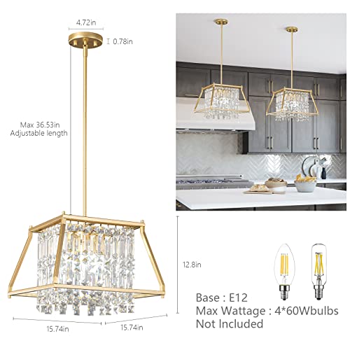 Image of LMQNINE Farmhouse Chandelier - Gold Metal Crystal Pendant Light for Kitchen, Dining Room, Living Room - Flat and Inclined Ceiling (Trapezoid -15.74in)
