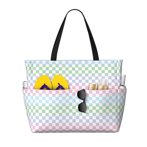 Large Beach Bags Water-resistant Sandproof - Colorful Checkerboard Cute Beach Tote Bags for Women with Zipper