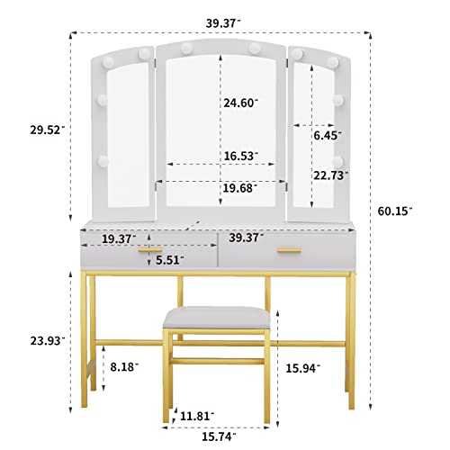 Makeup Vanity With Lights, 39.4" Vanity Desk With Mirror And Lights Makeup Desk With Drawers Makeup Table Vanity Set With Mirror And Stool Dressing Table For Bedroom Makeup Room Mirror With 2 Drawers #TOP5
