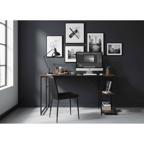 Miniatura 4 de Furniturer - Mesa De Dibujo Moderna, 120 Cm, Madera Y Metal, 2 Niveles De Almacenamiento, Ajuste De Altura, Bandeja De Diseño Patchwork En Retro Marrón Y Negro, Ideal Para Taller, Creación O Oficina