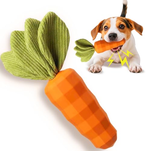 Squeaky Dog Chew Toys for Aggressive Chewers, Carrot Indestructible Dog Toys Interactive Teething Toys for Puppy Medium Large Breeds, Natural Rubber Tough Dog Toy Reduce Boredom, Cleans Teeth