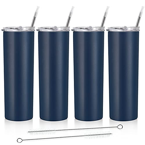 Stainless Steel Skinny Tumbler Set, Insulated Travel Tumbler with Lid and Straw, 20 Oz Slim Water Tumbler Cup for Coffee Water Hot Cold Drinks, Set of 4, Navy Blue