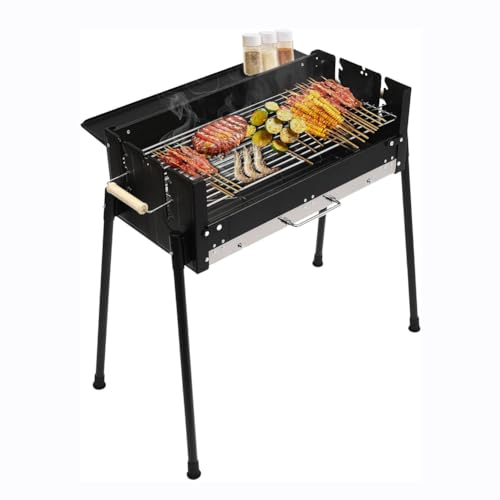 Parrilla portátil de carbón negro – Barbacoa plegable con estante de almacenamiento y placa de condimento para camping, patio, fiestas, picnics y viajes, solución ideal para cocinar al aire libre
