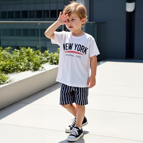 Image of Boys Summer Clothes Outfit Short Sleeve T-shirt Letters Printed Tops and Drawstring Waist Shorts Set Size 3-9
