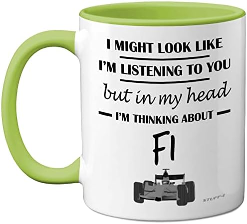 Formula 1 Gifts - in My Head I'm Thinking About F1 - Funny F1 Gifts for Men, Car Lover Gifts for Him, F1 Mug, Formula One Gifts, 11oz Ceramic Dishwasher Safe Premium Mugs Novelty Cup - by Stuff4