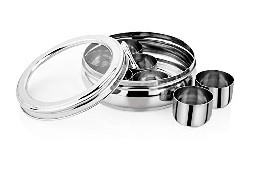 Image of SEGA Stainless Steel Belly Shape Masala Dabba with See Through Lid - Spice Organizer Box with 7 Masala Containers and Small Spoon for Stylish Kitchen Use, Silver - 750 ml