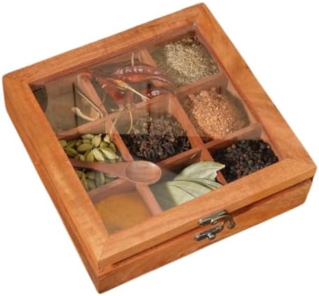 EthenicINdian Scatola portaspezie in legno – organizer Masala Dabba con coperchio in vetro sulla parte superiore, 6 scomparti rimovibili e 1 cucchiaio di design, contenitore per spezie, ideale per