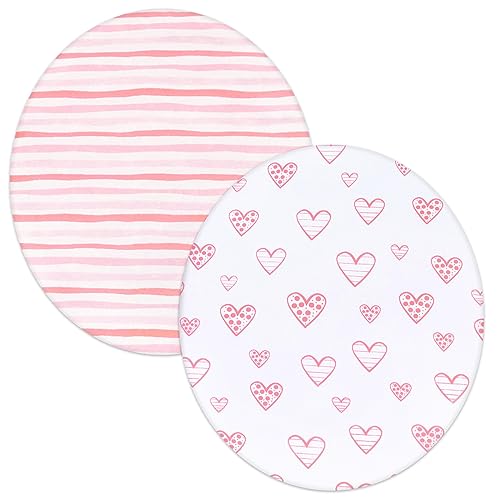Image of Bassinet Sheets Compatible with Fisher-Price On-The-Go Baby Dome, 2 Pack, 100% Jersey Knit Cotton Fitted Sheets, Breathable and Heavenly Soft, Pink Hearts and White Stars Print for Baby