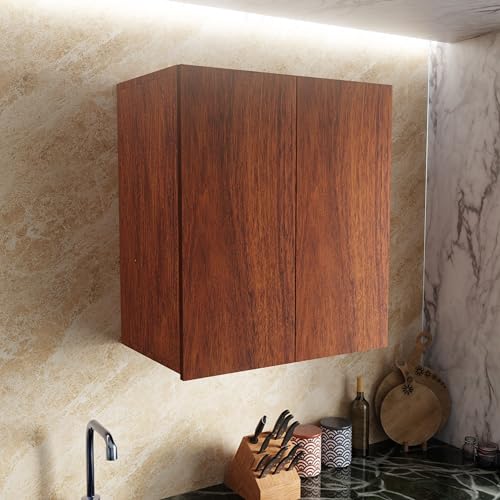 Image of 2 Door Multipurpose Wall Mounted Cabinet with Adjustable & Fixed Shelf | Storage for Modular Kitchen, Bathroom, Office & Living Room | Assembly-DIY | Color-Cherry Pine | Size-60x33x63.8 Cm