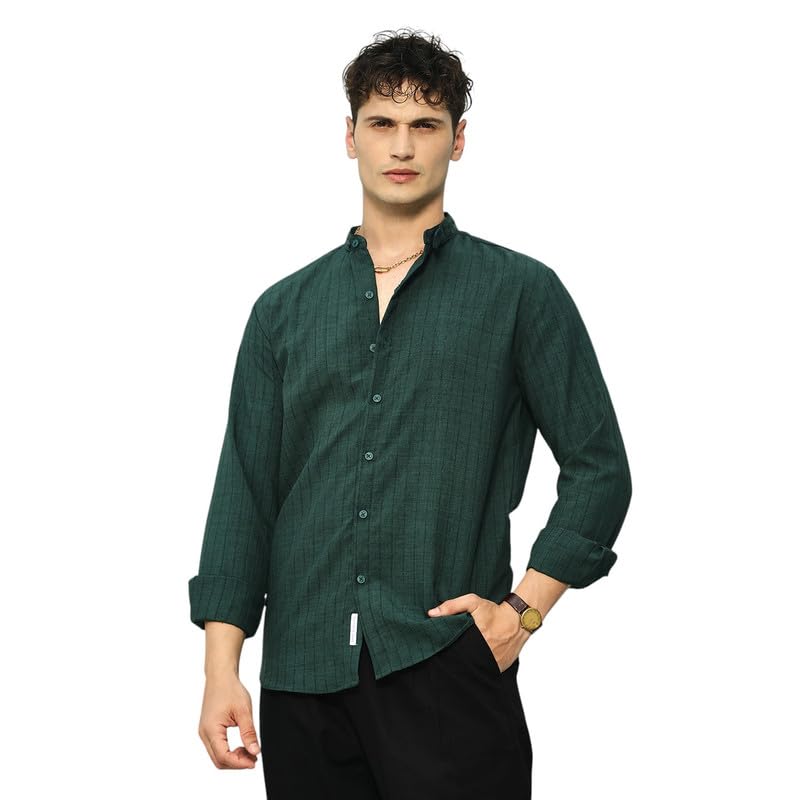 Image of CAHOOT Men Emerald Green Pinstriped Tactile Shirt for Casual Wear Mandarin Collar Long Cuffed Sleeves Button Closure Crafted with Comfort Fit Everyday
