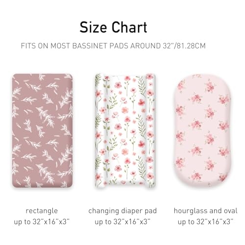 Image of Floral Bassinet Sheets Girl 3 Pack, Breathable Cozy Fitted Mattress Sheet, Elastic Travel Bassinet Fashionable, Standard Cradle Safe Sheets for Baby Boy Girls 32 inch x 16 inch