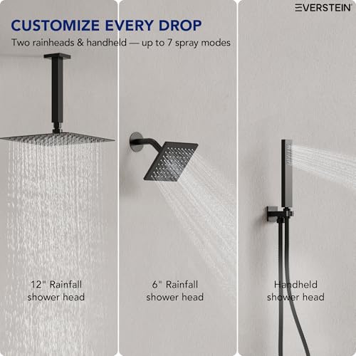 Image of Ceiling Mount 12 inch High-Pressure Rainfall Shower Faucet, Dual Rainfall Shower Head System with Valve (Matte Black)