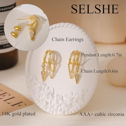 Dangle Earrings for Women,14k Gold Plated Triple Huggie Stud Earrings Cute Statement Chain Earring Dainty Drop Earrings for Women Trendy Gold Jewelry3