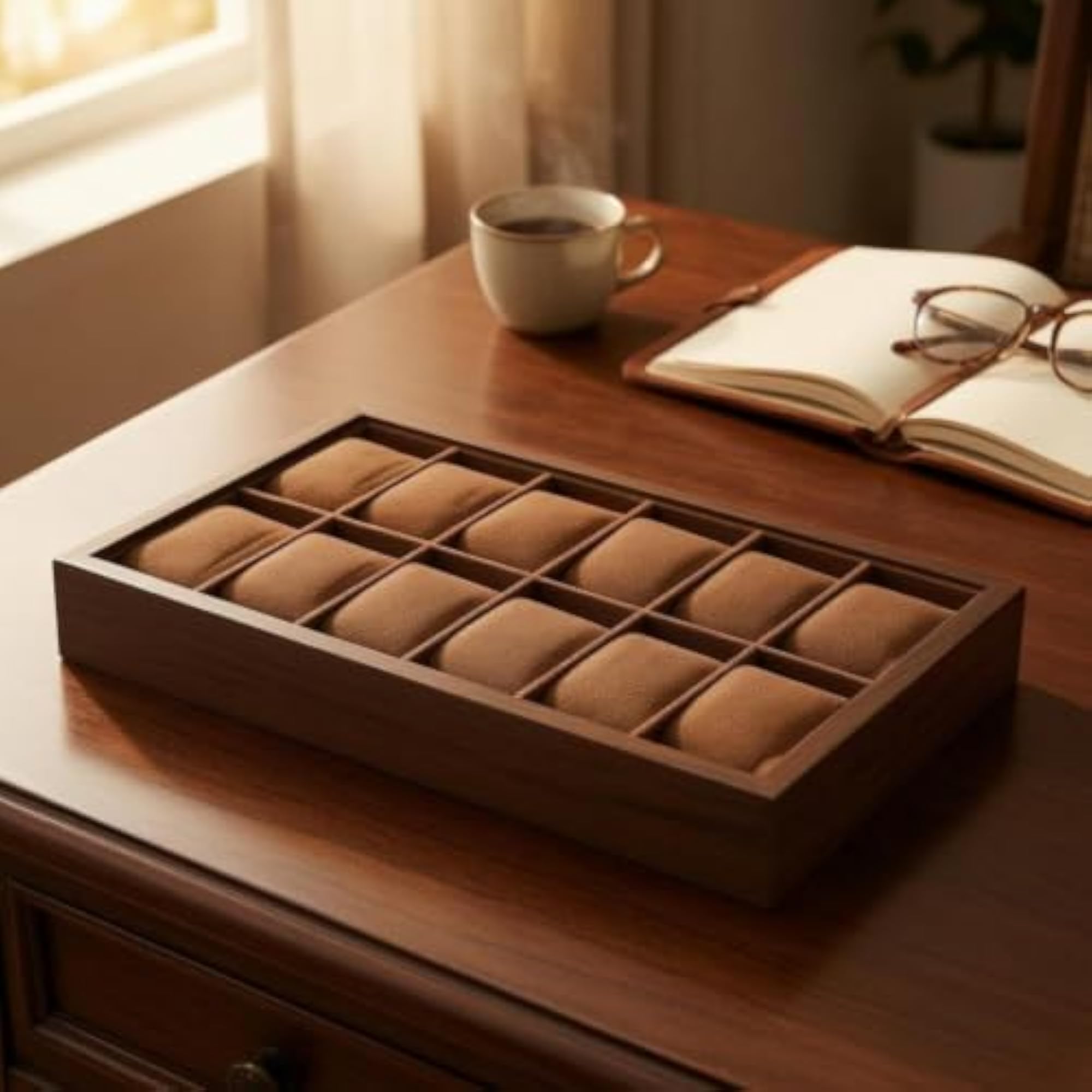 Wood-Grain Wooden Watch Box Open-Top Display, Light Gray, 3 Slots