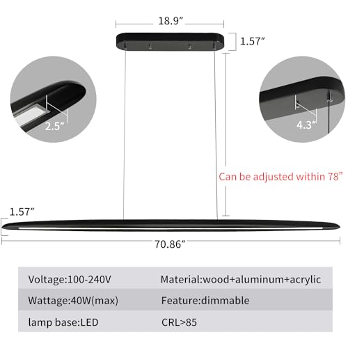 Image of YISDESIGN 71 inch Wood Linear Pendant Light Black Linear Pendant Dinning Room Hanging Lights LED Dimmable Chandeliers 50w for Dining Room Pool Table Lights Kitchen Island Light Black