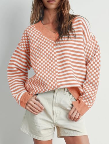 Image of UNCLECAT Womens Striped Checkered Sweater V Neck Fall Trendy Pullover Tops | Long Sleeve, Winter Clothes, Soft Jumpers, Business Casual Outfits, Cute, Fashion, Knitted Sweaters