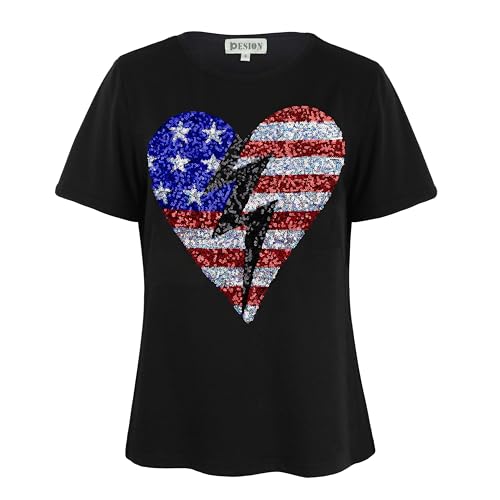 Image of PESION Womens Short Sleeve T-Shirt Sequined Tops O-Neck Funny Graphic Tees Blouse