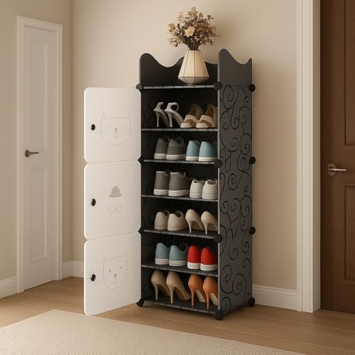 Image of YASONIC Premium Modular Plastic Shoe Rack for Home with Door | 6-Tier Stackable Shoe Organizer | Waterproof & Dustproof | Space Saving Storage for Home, Bedroom & Entryway [Black V5, 6-Shelf-3-Door]