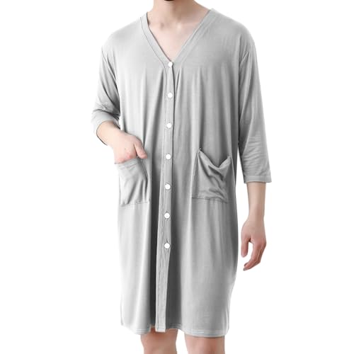 Men's Nightshirt Half Sleeve V Neck Button Down Nightgown Solid Color Lightweight Sleep Gowns Nightwear for Sleeping