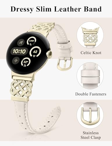 Image of TOYOUTHS Slim Leather Band Compatible with Google Pixel Watch 4 3 41mm /Pixel Watch 2 1 Band Women, Celtic Metal Dressy Thin Fashion Designer Premium Leather Strap for Google 4 3 2 1 Smartwatch