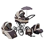 SKYLINE Klassisch Retro Stil Kombi-Kinderwagen Buggy 3in1 Reise System Autositz (Isofix) (Beige/14"Luft Bereifung)