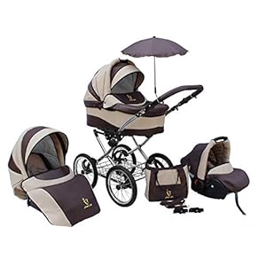 SKYLINE Klassisch Retro Stil Kombi-Kinderwagen Buggy 3in1 Reise System Autositz (Isofix) (Beige/14"Luft Bereifung)