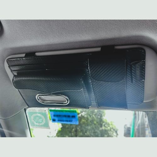 Image of Automaze Modern Luxury Car Sun Visor Organiser with Sunglass Holder, Card Slot, Pen Holder (Carbon Black, Compatible with Car, SUV, Truck)
