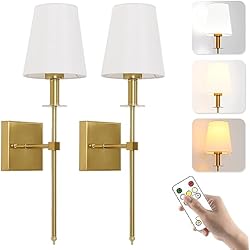 Lamparas De Pared Recargables Lámpara de Pared LED, Apliques Pared Interior con Batería, USB Recargable Lampara Pared Sin Cables con Mando a Distancia, Pantalla de tela Blanca, para Dormitorio Salón Pasillo Escalera, 2 Piezas Oro