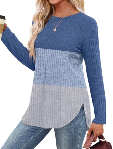 Image of Saloogoe Long Sleeve Shirts for Women 2025 Fall Clothes Tunic Tops Loose Fit Dressy Crewneck Pullover Sweaters Curved Hem