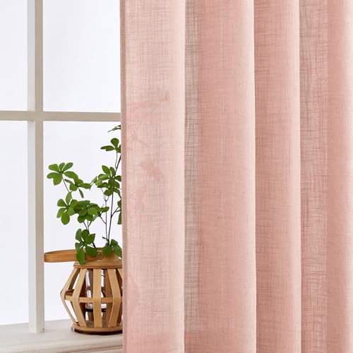 MIULEE Blush Pink Short Linen Curtains 45 Inch Length 2 Panels for Girls Bedroom Nursery, Soft Thick Linen Textured Window Drapes Semi Sheer Light Filtering Back Tab for Kids Bathroom Light Pink