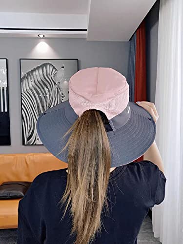 Izus Classic Ponytail Sun Hat For Women,Mesh Bun Ponytail-Hole Bucket Hat Uv Protection Wide-Brim Summer Hat Outdoor Pink thumb #7