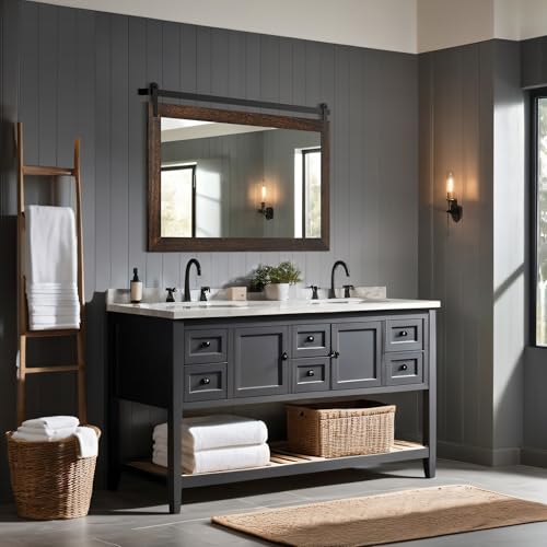 Image of COGOOD Farmhouse Barn Door Mirror - 41 x 26 Rustic Wood Framed Wall Mirror for Bathroom, Living Room, Entryway Wall Decor (Black Brown)