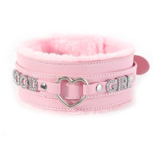 Succuba Handmade Fluffy Heart Rhinestone Heart Ring Pu Leather Choker Collar For Women, Handmade Punk Gothic Letter Necklace Adjustable Fashion Jewerly3