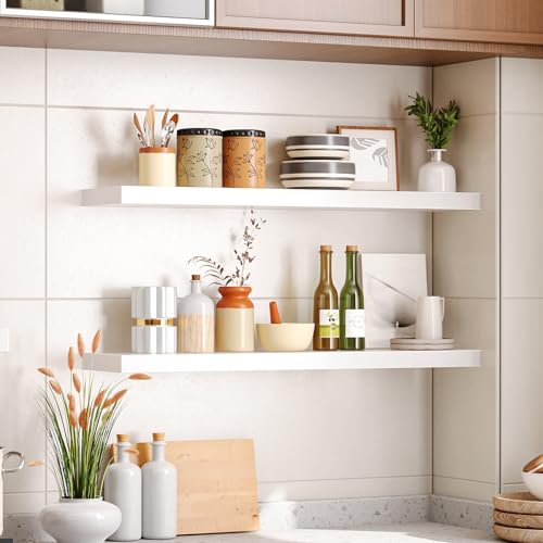 Image of HOOBRO Floating Shelves for Wall, Wall Mounted Shelf Set of 2, 31.5 inch Hanging Shelf with Invisible Brackets, for Wall Decor Storage in Bathroom Bedroom Kitchen Living Room Office, White WT80BJP201