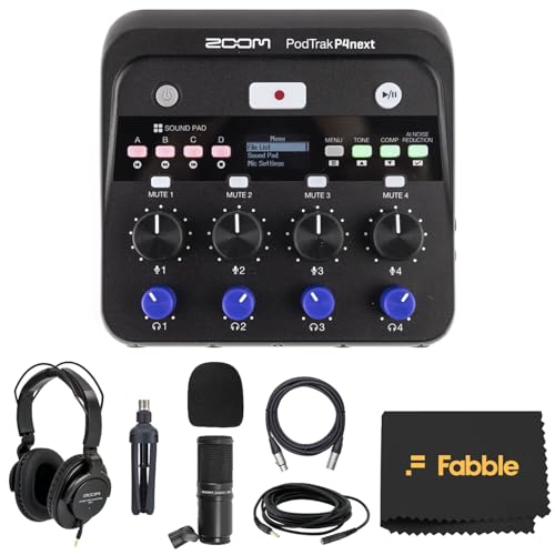 Zoom PodTrak P4next   Grabadora portátil multipista con micrófonos, auriculares, parabrisas, soporte de micrófono de escritorio, cables XLR con un paño de limpieza de microfibra de alta calidad