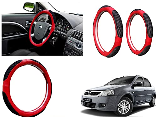 Image of Microfiber Car Steering Wheel Cover, Soft Padding Great Hand Feel, Anti-Slip, Faux Leather Steering Cover for Mahindra Verito | Black Red Jali - Pack of 1