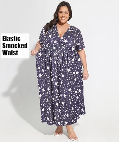 Image of CARCOS Plus Size Dresses for Curvy Women V Neck Summer Maxi Dress Short Sleeve Floral Boho Dress Smocked Waist Beach Dress