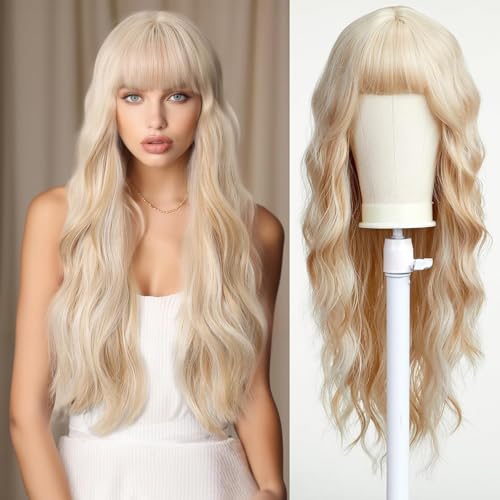 Esmee Long Wavy Mixed Blonde Wig for Women Natural Synthetic Hair Heat Resistant Blend Wigs with Fringe, 26 Inch (Pack of 1)