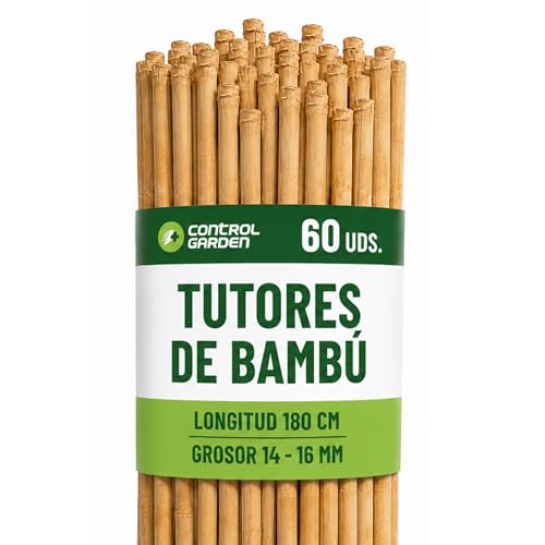 CONTROL GARDEN 60 Tutores de Bambu para Plantas 180 cm Grosor 14-16 cm | Cañas Estacas Natural para Tomateras, Enredaderas y Sujetar Cultivos | Varas Resistentes Huerto y Jardin