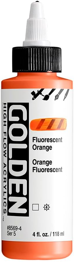 GOLDEN High Flow Acrylics, Fluorescent Orange, 4 fl. oz. Bottle, Professional Acrylic Paint, Transparent